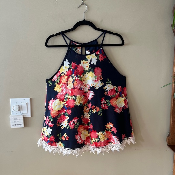 Sweet Wanderer Navy with Bright Coloured Floral Print Tank Top with Crochet Hem - Picture 7 of 11